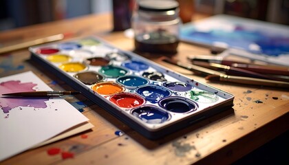 A well-lit, close-up shot of a watercolor palette, brushes, and paper on a wooden table