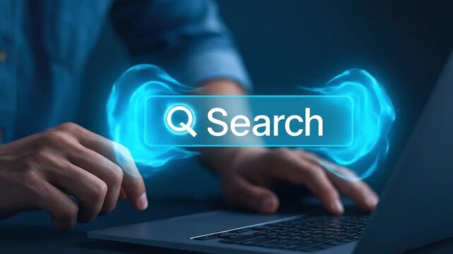 Online Search and Information Discovery: Hands Typing on Laptop with Glowing Digital Search Bar, Internet Data Access and Web Browsing Technology C...