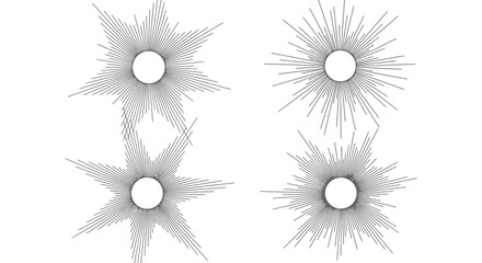 Abstract geometric radial line patterns and dynamic starburst designs, showcasing diverse monochromatic vector graphics for modern digital art and minimalist design projects