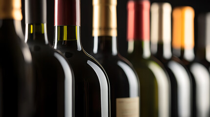 Obraz premium Elegant row of wine bottles with varying cork colors showcase sophistication and taste. Dark background enhances the vibrant hues of the caps, creating an appealing visual.