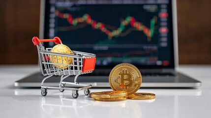 Shopping cart filled with Cryptocurrency and stock chart on laptop