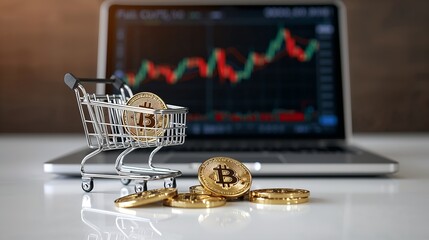 Bitcoin in a shopping cart with a stock chart in the background, a concept of crypto currency investment and online trade