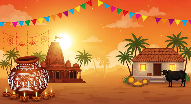 product display, pongal festival in white background with pongal pot, sugar can, diya and tradition design, 3d render