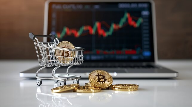 Bitcoin in a shopping cart with a stock chart in the background, a concept of crypto currency investment and online trade - Powered by Adobe