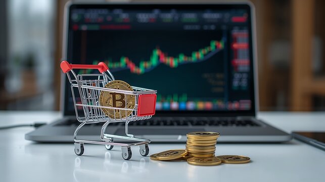 a miniature shopping cart filled with cryptocurrency coins, a laptop displays a chart, representing financial growth and digital transactions