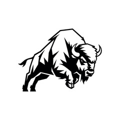 Bold black-and-white bison mascot logo featuring a powerful charging buffalo. Ideal for sports teams, branding, gaming logos, badges, apparel prints, and strong wildlife-themed designs.
