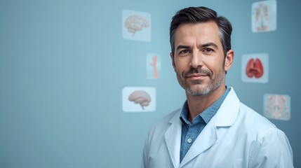 a doctor smiles at the camera with medical illustrations on the background