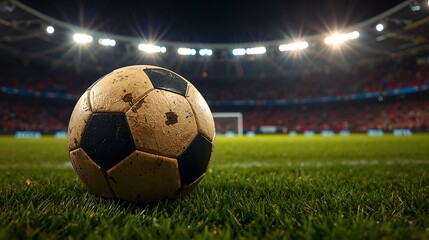 a close-up shot of a soccer ball on a green field in a stadium with bright lights shining down