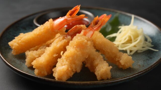Close-up of delicious tempura shrimp on a plate with dipping sauce. The golden-brown shrimp looks crispy and appetizing