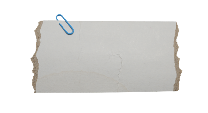 Torn white cardboard paper sheet with blue paperclip isolated on white background, blank ripped note for messages