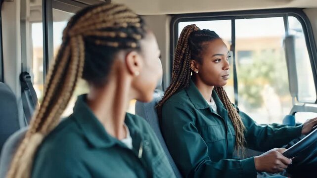 Two female drivers in overalls in the cab of a truck or bus. One is smiling, the other is focused on driving. Women in the profession.