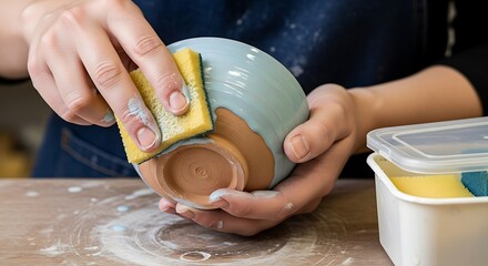 Potter gently smoothing handmade bowl with a sponge during pottery process