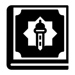Holy Quran Book and Islamic Learning Icon. Religious Text with Arabic Geometric and Minaret Design for Education and Spirituality