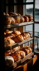 Freshly baked artisan breads rest on a rustic wooden shelf, capturing warm golden hues in the early morning light, creating an inviting atmosphere for food lovers.