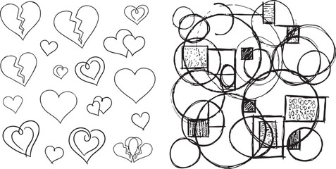 Hearts and Abstract Geometric Shapes Pattern Design in Black and White
