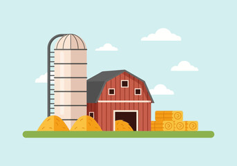 Flat illustration of a red barn and silo with hay bales under a pale blue sky
