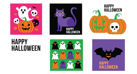 Halloween Vector Set with Pumpkins, Ghosts, Bats and Cats for festive designs
