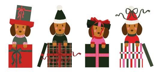 SET OF 4 CHRISTMAS DACHSHUND ILLUSTRATIONS IN GIFT BOXES – CUTE HOLIDAY DOG CLIPART, FESTIVE PET DECORATION