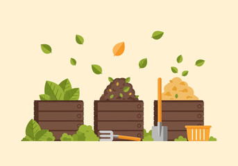 Three wooden compost bins with garden tools and falling leaves