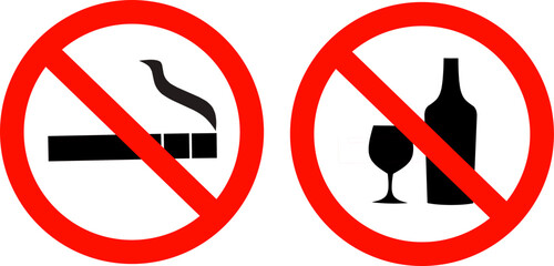 A set of prohibition signs showing no smoking and no alcohol symbols. Red circle with diagonal line for health, safety, and public area regulations.
