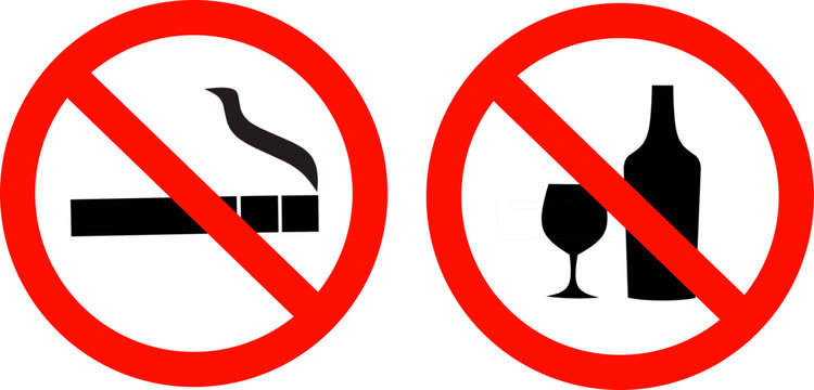 A set of prohibition signs showing no smoking and no alcohol symbols. Red circle with diagonal line for health, safety, and public area regulations.
