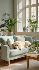 Cozy living room featuring a relaxed golden retriever dog napping on a soft mint-colored sofa surrounded by lush green plants in beautiful natural light.