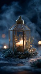 A beautifully lit lantern surrounded by frosty greenery, casting a warm glow in a serene, wintery ambiance, perfect for holiday-themed visuals or cozy settings.