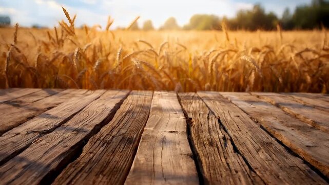 A closeup shot of a rustic wooden table with a weathered texture, set against a backdrop of a golden wheat field. The tables surface is textured with visible grain patterns and knots.
