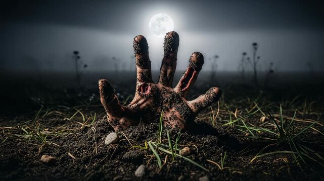 A zombie hand emerges from the ground under a full moon. A dark and eerie landscape. Perfect for Halloween, horror, and zombie movies.