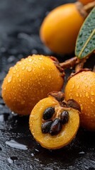 Juicy loquat fruits glisten with water droplets, showcasing their vibrant yellow color and unique texture against a dark background, perfect for culinary and health-related themes.