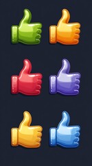Colorful glossy thumbs up icons in green, orange, red, purple, yellow, and blue representing positive feedback and user interaction