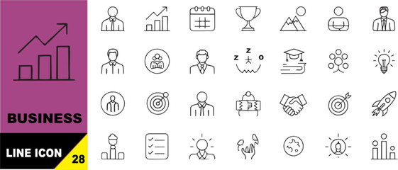 Business management and corporate strategy icons set, financial growth symbols, productivity planning elements, teamwork development, office workflow graphics, economic analysis, professional success 