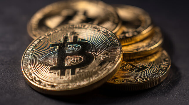 Close-up of a golden bitcoin standing on textured fabric, symbolizing cryptocurrency growth, blockchain technology, digital assets and modern financial trends in the global market