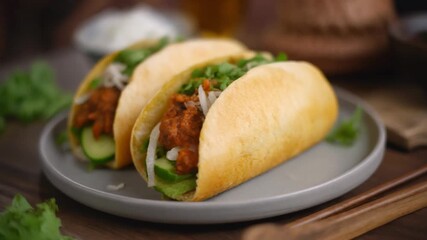 Delectable tacos are artfully arranged on a plate, boasting vibrant fillings and a mouthwatering appearance. The tacos are a feast for the eyes and a promise of delightful flavors