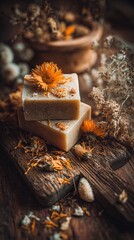 Natural handmade soap and dried flowers arranged on a rustic wooden surface, capturing the essence of organic beauty and eco-friendly aesthetics for creative projects.
