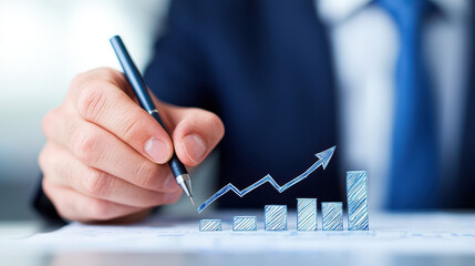 Businessman draws growth chart with pen, symbolizing success and progress in finance and business