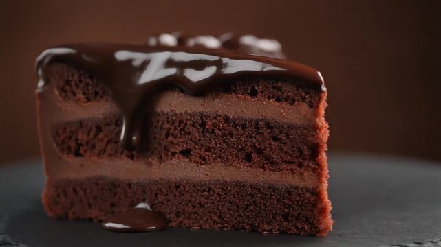 A close-up shot of a delectable slice of chocolate cake