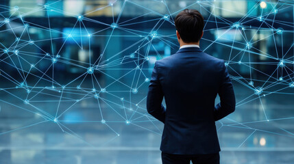 Businessman stands in modern office, gazing at digital network visualization, symbolizing connectivity and technology