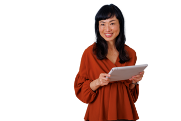 Smiling asian woman holding a modern tablet, portraying business, technology, and productivity. Transparent background