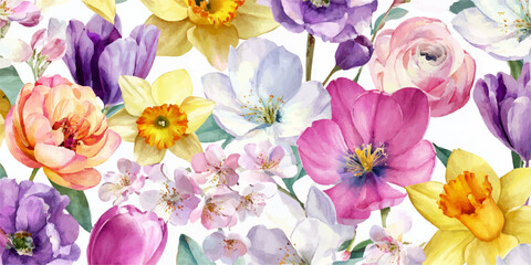 Vibrant watercolor floral pattern with blooming tulips daffodils and roses in pastel spring colors