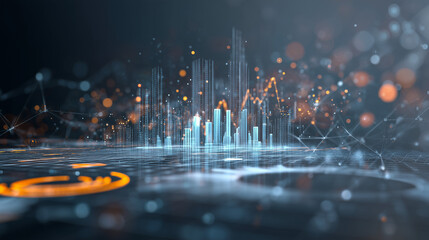 Abstract digital landscape with silhouettes walking among data bars, symbolizing technology, big data, analytics, financial markets, innovation and the future of digital ecosystems