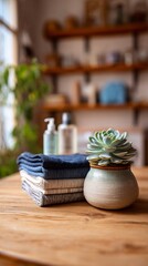 Relaxing home decor showcasing a beautifully arranged succulent plant on a wooden table with folded towels and skincare products in a warm, inviting atmosphere perfect for lifestyle photography.