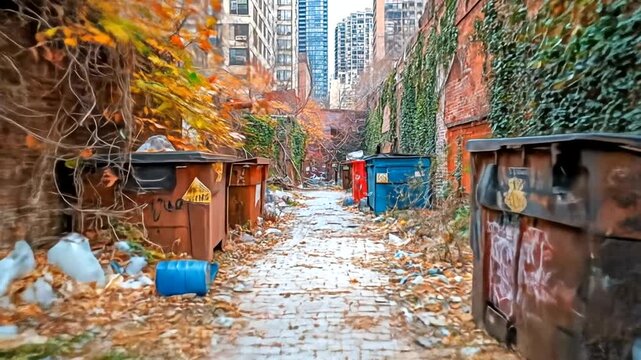 Gritty urban alleyway with rusty dumpsters and scattered trash in autumn.