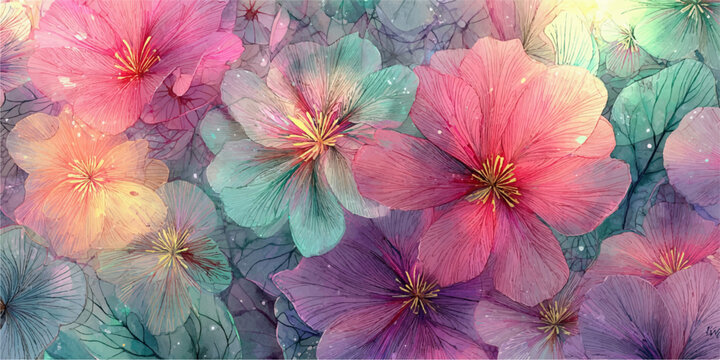 Soft focus pastel floral background with delicate blossoms in pink purple and teal hues