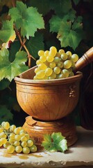 Rustic still life of golden grapes nestled in a warm wooden bowl, surrounded by lush green vine leaves, capturing the essence of harvest and natural abundance in soft, rich tones