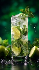 Refreshing mojito cocktail with vibrant lime, mint leaves, and ice, served in a tall glass. Perfect for summer parties and a delicious way to cool down on hot days!