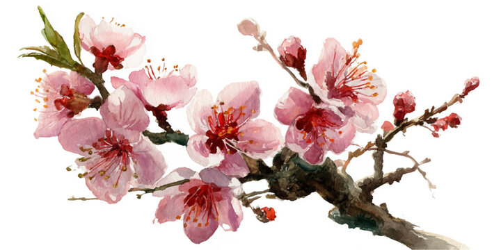 Pink cherry blossom branch with delicate flowers and buds on a white background.