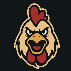 Aggressive Rooster or Chicken Head Mascot Logo Illustration Vector Isolated on Black Background for Fast Food Restaurant Sport Team or Esport Gaming Branding