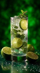 Refreshing cocktail with lime, mint, and ice in a tall glass, captured against a vibrant green backdrop. Perfect for summer drinks and party themes or seasonal menus.