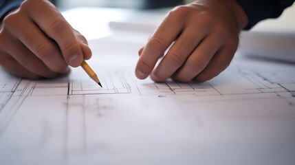 Hands guide a pencil, tracing precise lines on architectural plans spread across a table, creating designs, drafting innovations, & building visions for the future.